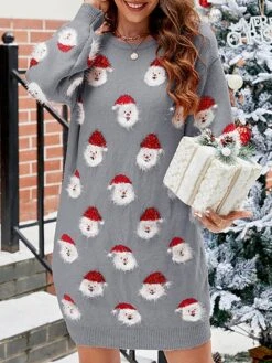 Women's Ugly Christmas Sweater Dress Crew Neck Ribbed Knit Polyester Patchwork Tassel Fall Winter Long Christmas Daily Going Out Xmas Stylish Casual Soft Long Sleeve Santa Claus Black Pink Green S -Xmas Cothing Store pdcdwf1695029203160