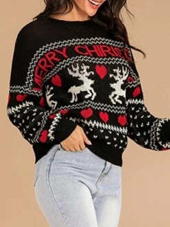 Women's Ugly Christmas Sweater Pullover Sweater Jumper Crew Neck Ribbed Knit Polyester Oversized Fall Winter Short Xmas Daily Going Out Stylish Casual Soft Long Sleeve Heart Letter Elk Black S M -Xmas Cothing Store pdkvya1695209507882