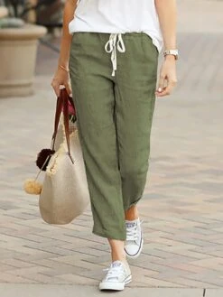 Women's Chinos Slacks Pants Trousers Ankle-Length Faux Linen Pocket Baggy Mid Waist Basic Comfort Xmas Christmas Work Black Green S M Summer Spring &Fall