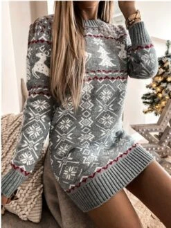Women‘s Christmas Sweater Dress Wrap Dress Knit Dress Mini Dress Red Dark Blue Grey Long Sleeve Print Modern Style Fall Winter Round Neck Sexy Party Christmas Holiday Slim 2022 S M L XL XXL -Xmas Cothing Store pesrqa1629871505339