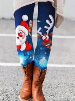 Women's Tights Leggings Blue Dark Blue Brown Mid Waist Fashion Christmas Gifts Casual Print Micro-elastic Full Length Comfort Santa Claus S M L XL XXL / Slim -Xmas Cothing Store pffsby1656644894526