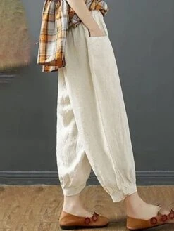 Women‘s Bloomers Baggy Cropped Pants Ankle-Length Cotton Pocket Cotton Linen Micro-elastic High Waist Streetwear Xmas Simple Outdoor Christmas Rice White Black M L Summer Fall -Xmas Cothing Store pgmcfr1690959770788