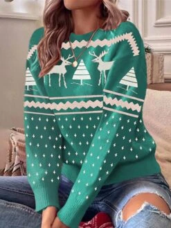 Women's Ugly Christmas Sweater Pullover Sweater Jumper Crew Neck Crochet Knit Polyester Knitted Fall Winter Outdoor Christmas Holiday Stylish Casual Soft Long Sleeve Elk Xmas Tree White Red Green -Xmas Cothing Store pgtgym1667528981996