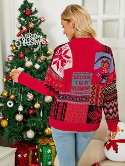 Women's Pullover Sweater Jumper Crew Neck Chunky Knit Acrylic Polyester Print Spring Fall Winter Tunic Christmas Daily New Year Xmas Stylish Casual Long Sleeve Color Block Snowflake Red Beige S M L -Xmas Cothing Store pguhfv1693896438059