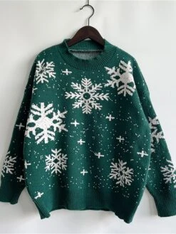 Women's Ugly Christmas Sweater Pullover Sweater Jumper Crew Neck Ribbed Knit Polyester Oversized Fall Winter Regular Outdoor Christmas Daily Stylish Casual Soft Long Sleeve Snowflake Black Red Green -Xmas Cothing Store phrylz1696903402275