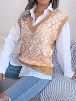 Women's Xmas Sweater Vest V Neck Ribbed Knit Acrylic Button Fall Winter Regular Outdoor Christmas Daily Stylish Casual Soft Sleeveless Snowflake Wine Blue Khaki S M L -Xmas Cothing Store picfpg1695111155840
