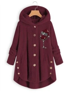 Women‘s Plus Size Christmas Fleece Jacket Teddy Coat Warm Button Pocket Graphic Hat Outdoor Xmas Long Sleeve Hooded Regular Winter Fall Black Pink Wine L XL XXL 3XL 4XL -Xmas Cothing Store pidrps1667466537472