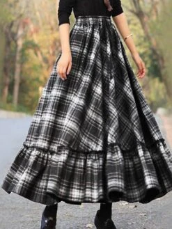Women's Skirt Swing Xmas Work Skirts Long Skirt Maxi Cotton Blend Black Red Fuchsia Gray Skirts Autumn / Fall Ruffle Plaid Print Fashion Christmas Daily S M L -Xmas Cothing Store piotxf1671419924410