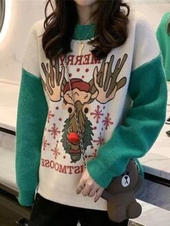 Women's Ugly Christmas Crew Neck Sweater Cardigan Sweater Jacket Ribbed Knit Polyester Button Knitted Print Fall Winter Short Outdoor Xmas Holiday Daily Stylish Casual Long Sleeve Animal