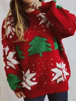 Women's Ugly Christmas Sweater Pullover Sweater Jumper Crew Neck Ribbed Knit Acrylic Oversized Fall Winter Regular Outdoor Christmas Daily Stylish Casual Soft Long Sleeve Christmas Tree Snowflake Red -Xmas Cothing Store pjvkzb1696903368488