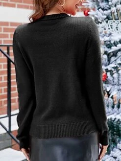 Women's Ugly Christmas Sweater Pullover Sweater Jumper Crew Neck Ribbed Knit Acrylic Sequins Embroidered Fall Winter Regular Christmas Daily Xmas Stylish Casual Soft Long Sleeve Animal Elk Black -Xmas Cothing Store pjygad1695029214533