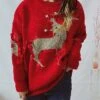 Women's Christmas Sweaters Pullover Sweater Jumper Crew Neck Chunky Knit Polyester Embroidery Spring Fall Winter Regular Christmas Daily New Year Fashion Cute Daily Long Sleeve Elk Red Beige S M L -Xmas Cothing Store pkgwbm1697539824438
