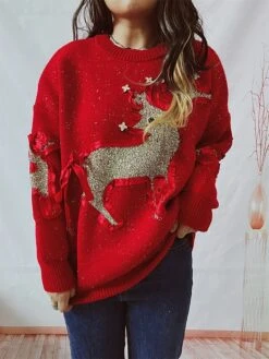 Women's Christmas Sweaters Pullover Sweater Jumper Crew Neck Chunky Knit Polyester Embroidery Spring Fall Winter Regular Christmas Daily New Year Fashion Cute Daily Long Sleeve Elk Red Beige S M L