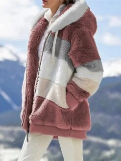 Women's Plus Size Fleece Sherpa Jacket Teddy Coat With Hood Christmas Windproof Warm Zipper Coat Fashion Plush Outdoor Xmas Casual Color Block Regular Fit Outerwear Long Sleeve Fall -Xmas Cothing Store pkznsc1695715078585