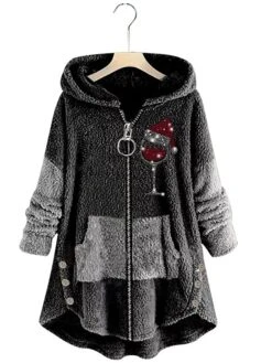 Women‘s Plus Size Christmas Fleece Jacket Teddy Coat Warm Button Pocket Hat Causal Long Sleeve Hooded Regular Winter Fall Xmas Green Pink Dark Gray L XL XXL 3XL 4XL -Xmas Cothing Store plvybt1667564231187