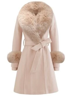 Women's Winter Coat Long Overcoat With Faux Fur Wool Blend Belted Dress Coat Open Front Lapel Pea Coat Fall Elegant Lady Jacket Christmas Party Outerwear Pink Red