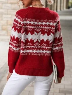 Women's Christmas Sweater Xmas Pullover Jumper Knitted Geometric Snowflake Stylish Casual Long Sleeve Sweater Cardigans Crew Neck Fall Winter Wine -Xmas Cothing Store pmajkk1636714041621