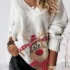 Women's Pullover Sweater Jumper V Neck Crochet Knit Oversized Print Fall Winter Regular Christmas Stylish Soft Long Sleeve Elk Snowman Xmas Tree White / Black Red Brown Black S M L -Xmas Cothing Store pmdvyy1694570254378