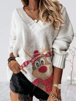 Women's Pullover Sweater Jumper V Neck Crochet Knit Oversized Print Fall Winter Regular Christmas Stylish Soft Long Sleeve Elk Snowman Xmas Tree White / Black Red Brown Black S M L