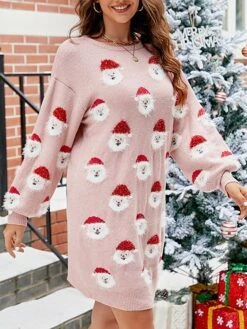Women's Ugly Christmas Sweater Dress Crew Neck Ribbed Knit Polyester Patchwork Tassel Fall Winter Long Christmas Daily Going Out Xmas Stylish Casual Soft Long Sleeve Santa Claus Black Pink Green S -Xmas Cothing Store pnlkrv1695029189013