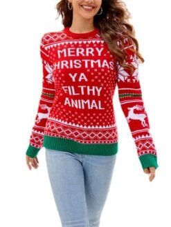 Women's Ugly Christmas Sweater Pullover Sweater Jumper Crew Neck Ribbed Knit Acrylic Oversized Fall Winter Short Xmas Daily Going Out Stylish Casual Soft Long Sleeve Letter Elk Snowflake 1052 -Xmas Cothing Store pnuhzy1695262579467