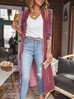 Women's Velvet Fall Christmas Long Coat Blazer CasualLong Pocket Coat Green Black Yellow Fuchsia Sky Blue Casual Street Spring Open Front V Neck Regular Fit S M L XL