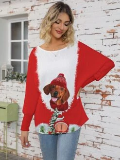 Women's Ugly Christmas Sweater Pullover Sweater Jumper Crew Neck Ribbed Knit Polyester Knitted Print Fall Winter Regular Outdoor Xmas Holiday Daily Stylish Casual Long Sleeve Animal White Wine S -Xmas Cothing Store pobnwc1697291262066