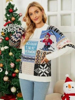Women's Pullover Sweater Jumper Crew Neck Chunky Knit Acrylic Polyester Print Spring Fall Winter Tunic Christmas Daily New Year Xmas Stylish Casual Long Sleeve Color Block Snowflake Red Beige S M L -Xmas Cothing Store pognzl1667818691319