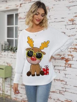 Women's Pullover Sweater Jumper Crew Neck Ribbed Knit Print Fall Winter Regular Christmas Soft Long Sleeve Animal Elk White Green S M L -Xmas Cothing Store potpao1697021476010