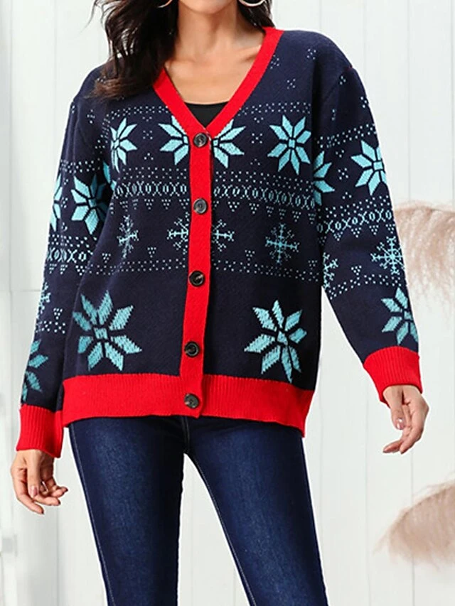 Women's Ugly Christmas Sweater Cardigan Sweater Jacket V Neck Ribbed Knit Acrylic Button Knitted Print Fall Winter Regular Outdoor Christmas Daily Stylish Casual Soft Long Sleeve Snowflake Navy Blue 5 Women's Ugly Christmas Sweater Cardigan Sweater Jacket V Neck Ribbed Knit Acrylic Button Knitted Print Fall Winter Regular Outdoor Christmas Daily Stylish Casual Soft Long Sleeve Snowflake Navy Blue - Image 3