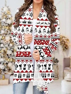 Women's Casual Jacket Windproof Warm Outdoor Christmas Daily Going Out Print Cardigan V Neck Contemporary Casual Daily Comfortable Xmas Plaid Regular Fit Outerwear Long Sleeve Fall Winter Black