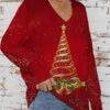 Women's Ugly Christmas Sweater Pullover Sweater Jumper V Neck Ribbed Knit Polyester Knitted Print Fall Winter Regular Outdoor Christmas Holiday Daily Stylish Casual Long Sleeve Christmas Tree Wine Red