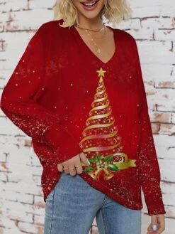 Women's Ugly Christmas Sweater Pullover Sweater Jumper V Neck Ribbed Knit Polyester Knitted Print Fall Winter Regular Outdoor Christmas Holiday Daily Stylish Casual Long Sleeve Christmas Tree Wine Red