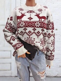 Women's Ugly Christmas Sweater Pullover Sweater Jumper Christmas Sweaters Crew Neck Ribbed Knit Acrylic Knitted Fall Winter Regular Outdoor Christmas Daily Fashion Casual Soft Long Sleeve Elk -Xmas Cothing Store psontz1697626883489