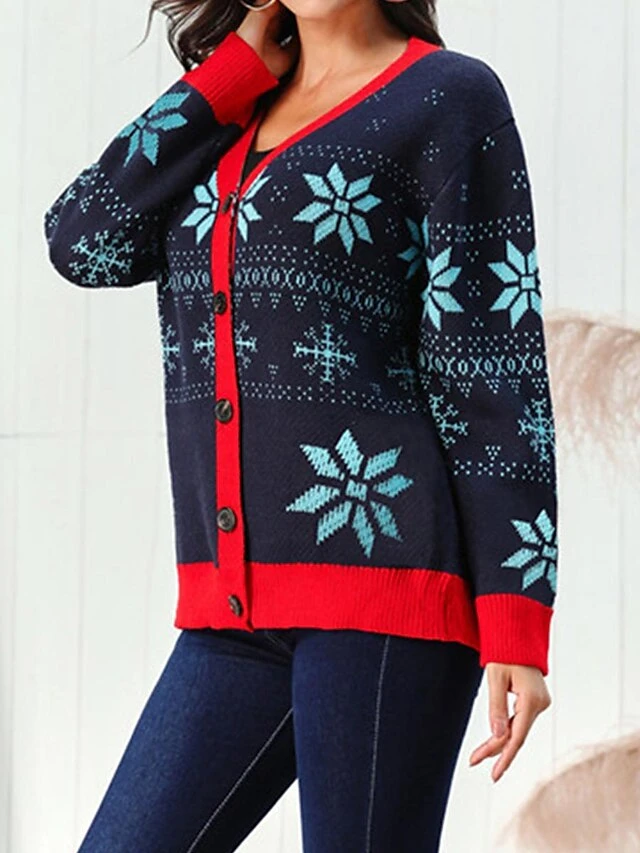 Women's Ugly Christmas Sweater Cardigan Sweater Jacket V Neck Ribbed Knit Acrylic Button Knitted Print Fall Winter Regular Outdoor Christmas Daily Stylish Casual Soft Long Sleeve Snowflake Navy Blue 9 Women's Ugly Christmas Sweater Cardigan Sweater Jacket V Neck Ribbed Knit Acrylic Button Knitted Print Fall Winter Regular Outdoor Christmas Daily Stylish Casual Soft Long Sleeve Snowflake Navy Blue - Image 7