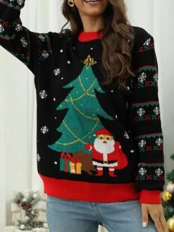 Women's Ugly Christmas Sweater Pullover Sweater Jumper Crew Neck Ribbed Knit Acrylic Oversized Fall Winter Short Xmas Daily Going Out Stylish Casual Soft Long Sleeve Santa Claus Christmas Tree -Xmas Cothing Store ptuool1695209507491