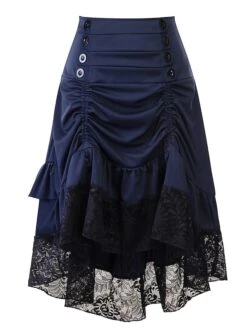 Women's Skirt Asymmetrical Polyester Lace Over Charmeuse Black Red Navy Blue Skirts Winter Ruffle Drawstring Side Button High Waist Steampunk® Retro Gothic Carnival Costumes Ladies Christmas -Xmas Cothing Store pvgtdw1635224762004
