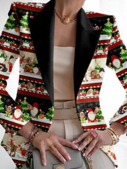 Women's Christmas Blazer Christmas Jacket Santa Christmas Tree Print Party Xmas Coat Fall Casual / Daily Outerwear Long Sleeve Red