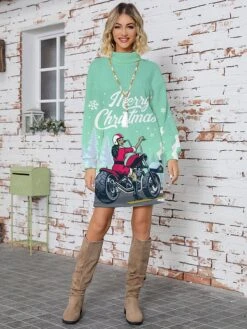 Women's Sweater Dress Turtleneck Ribbed Knit Print Fall Winter Long Christmas Xmas Stylish Soft Long Sleeve Letter Santa Claus Green Light Blue S M L -Xmas Cothing Store pvznes1697105375906