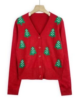Women's Ugly Christmas Sweater Cardigan Christmas Sweaters V Neck Ribbed Knit Polyester Patchwork Fall Winter Short Outdoor Christmas Daily Stylish Casual Soft Long Sleeve Christmas Tree Red S M L