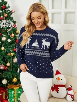 Women's Pullover Sweater Jumper Crew Neck Chunky Crochet Knit Polyester Embroidery Spring Fall Winter Christmas Daily Holiday Stylish Casual Long Sleeve Elk Xmas Tree Red Blue S M L -Xmas Cothing Store pyugqk1693561356646