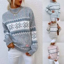 Women's Ugly Christmas Sweater Pullover Sweater Jumper Turtleneck Ribbed Knit Acrylic Knitted Fall Winter Xmas Holiday Vintage Style Long Sleeve Snowflake Pink Blue Apricot S M L -Xmas Cothing Store qadkkk1667462130152