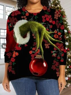 Women's Ugly Christmas Sweater Pullover Sweater Jumper Crew Neck Ribbed Knit Polyester Print Fall Winter Regular Xmas Daily Going Out Stylish Plus Size Casual Long Sleeve Print Black Green XL