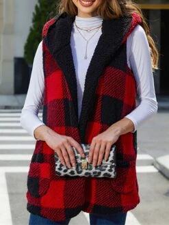 Women's Teddy Vest Winter Christmas Plaid Sleeveless Teddy Coat With Hood Fall Open Front Sherpa Jacket With Pockets Thermal Warm Windproof Casual Daily Street Xmas Jacket Red