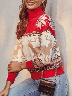 Women's Ugly Christmas Sweater Pullover Sweater Jumper Christmas Sweaters Turtleneck Ribbed Knit Polyester Knitted Print Fall Winter Regular Outdoor Christmas Daily Stylish Casual Soft Long Sleeve -Xmas Cothing Store qaubff1697292021741