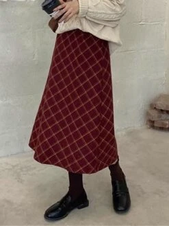 Women's Skirt Long Skirt Midi Cotton Wine Skirts Fall & Winter Plaid Print High Waist Fashion Elegant Christmas Street Xmas S M L -Xmas Cothing Store qbspfk1695351445367