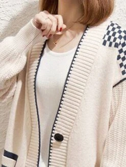 Women's Cardigan Sweater Open Front Ribbed Knit Polyester Button Pocket Fall Winter Short Outdoor Christmas Daily Stylish Casual Soft Long Sleeve Plaid Shallow Rice Red Orange One-Size Xmas -Xmas Cothing Store qdrtgx1695262425943