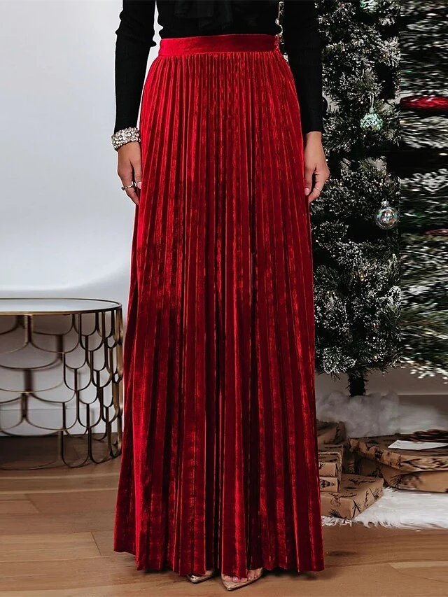Women's Skirt Swing Maxi Skirt Gold Velvet Wine Red Dark Green Skirts Fall & Winter Pleated High Waist Fashion Elegant Christmas Xmas StreetM L XL 4 Women's Skirt Swing Maxi Skirt Gold Velvet Wine Red Dark Green Skirts Fall & Winter Pleated High Waist Fashion Elegant Christmas Xmas StreetM L XL - Image 2