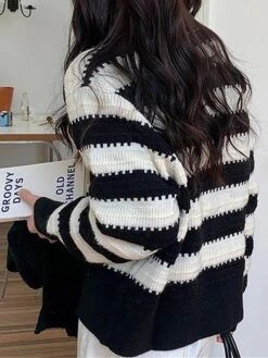 Women's Ugly Christmas Sweater Cardigan Sweater Jacket Crew Neck Ribbed Knit Wool Button Knitted Fall Winter Regular Outdoor Christmas Daily Stylish Casual Soft Long Sleeve Color Block Striped Black -Xmas Cothing Store qetpgq1697290877138