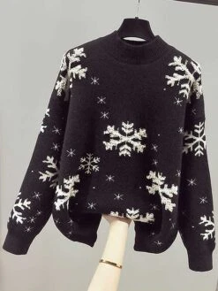 Women's Ugly Christmas Sweater Pullover Sweater Jumper Stand Collar Ribbed Knit Nylon Patchwork Fall Winter Regular Outdoor Christmas Daily Stylish Casual Soft Long Sleeve Snowflake Black Red One-Size -Xmas Cothing Store qfciaq1697103868006